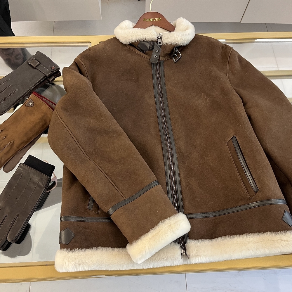 Men's Brown Shearling Jacket, Size L